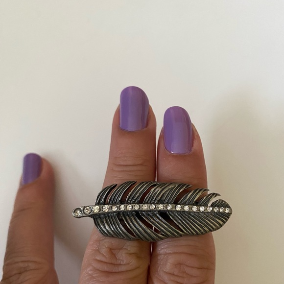 Metal Antique look Leaf Two Finger Crystal Open/Adj. Cuff Ring - Picture 9 of 10